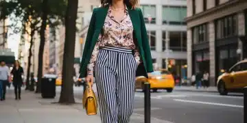 Pattern Play: Incorporating 4 Popular Prints into Your Everyday Outfits for 2026 Woman in floral top and striped pants, showcasing modern pattern mixing in an urban setting.