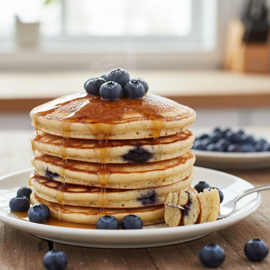 Fluffy blueberry pancakes with maple syrup, a perfect easy brunch recipe