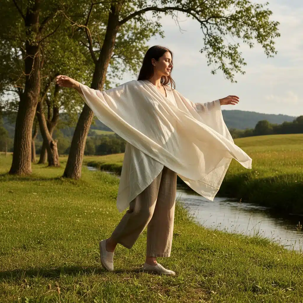 Individual showcasing soft draping and fluid silhouettes in sustainable androgynous fashion.