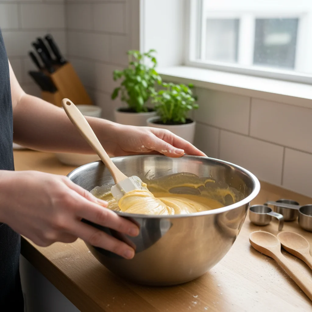 Hands carefully folding baking ingredients in a bowl for vegan recipes