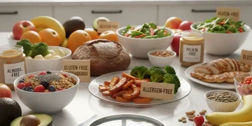 Diverse healthy foods with allergen-free labels, magnifying glass on ingredients