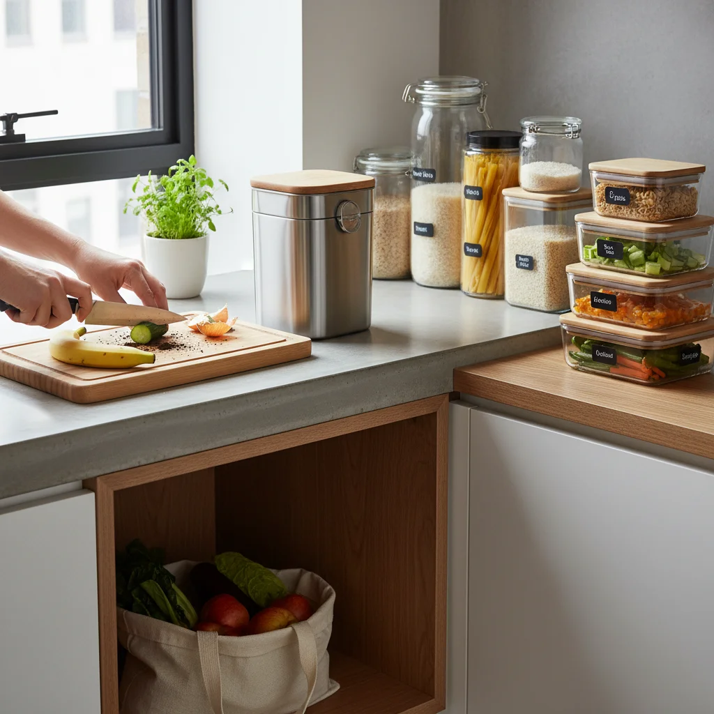 Home kitchen with composting bin and reusable food storage for waste reduction.