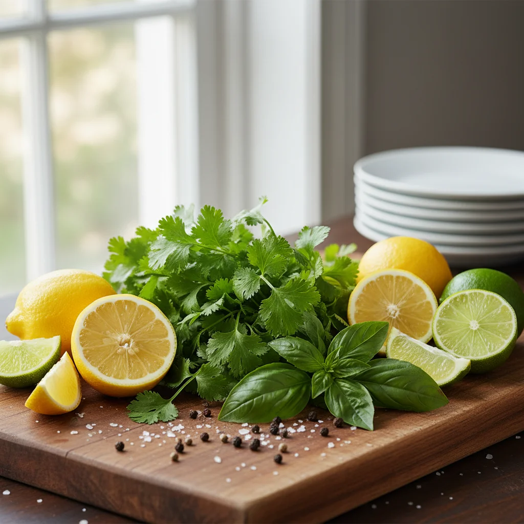 Fresh herbs and citrus fruits arranged on a cutting board, symbolizing fresh flavors.