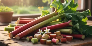 Freshly harvested vibrant red and green rhubarb stalks on a rustic wooden table, ready for spring cooking.