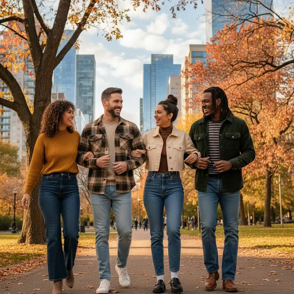 Group of friends showcasing diverse denim styles in a city park