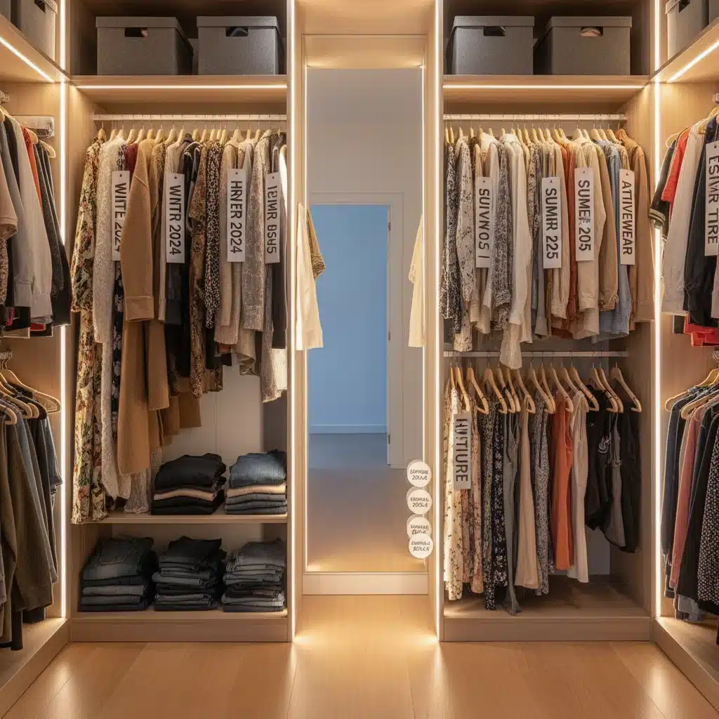 Organized closet with clothes bought for future seasons during a sale