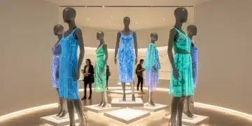 Future Fabrics: Reshaping US Apparel in 2026 Futuristic apparel made from innovative fabrics in a modern retail setting, highlighting textile advancements.