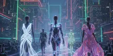 Futuristic digital fashion runway in the metaverse with diverse avatars and neon cityscapes.