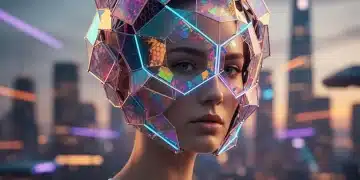 Futuristic headwear design with geometric shapes and iridescent materials for 2026 fashion