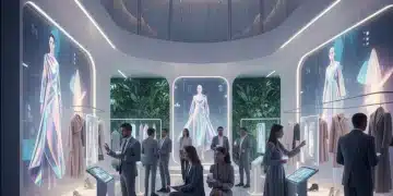Futuristic retail interior with minimalist design and interactive digital displays