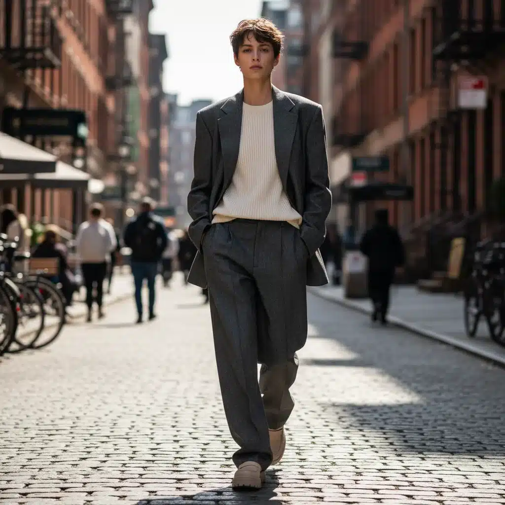 Model showcasing gender-fluid fashion on a city street, wearing an oversized blazer and wide-leg trousers in neutral tones.