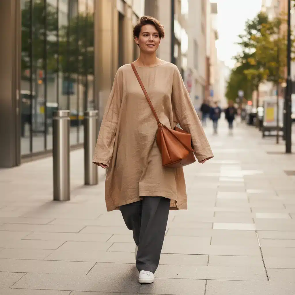 Model in gender-neutral oversized tunic and wide-leg trousers