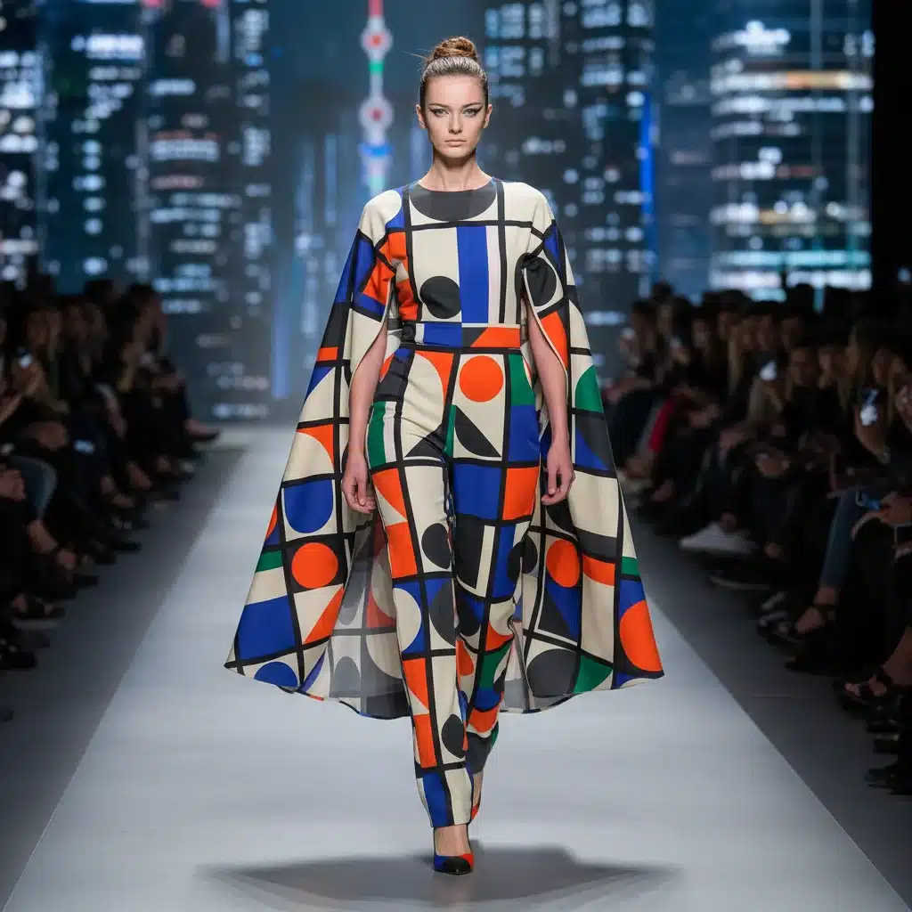 Runway model in bold geometric pattern outfit, illustrating modern fashion trends.