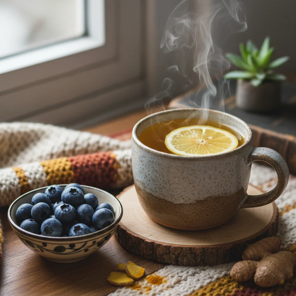 Warm ginger turmeric tea with lemon and blueberries for immune health.