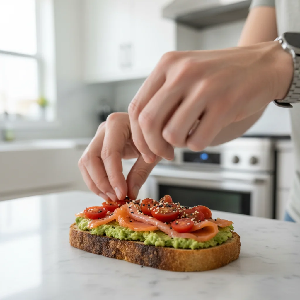 Hands preparing a quick and gourmet open-faced avocado and smoked salmon sandwich.