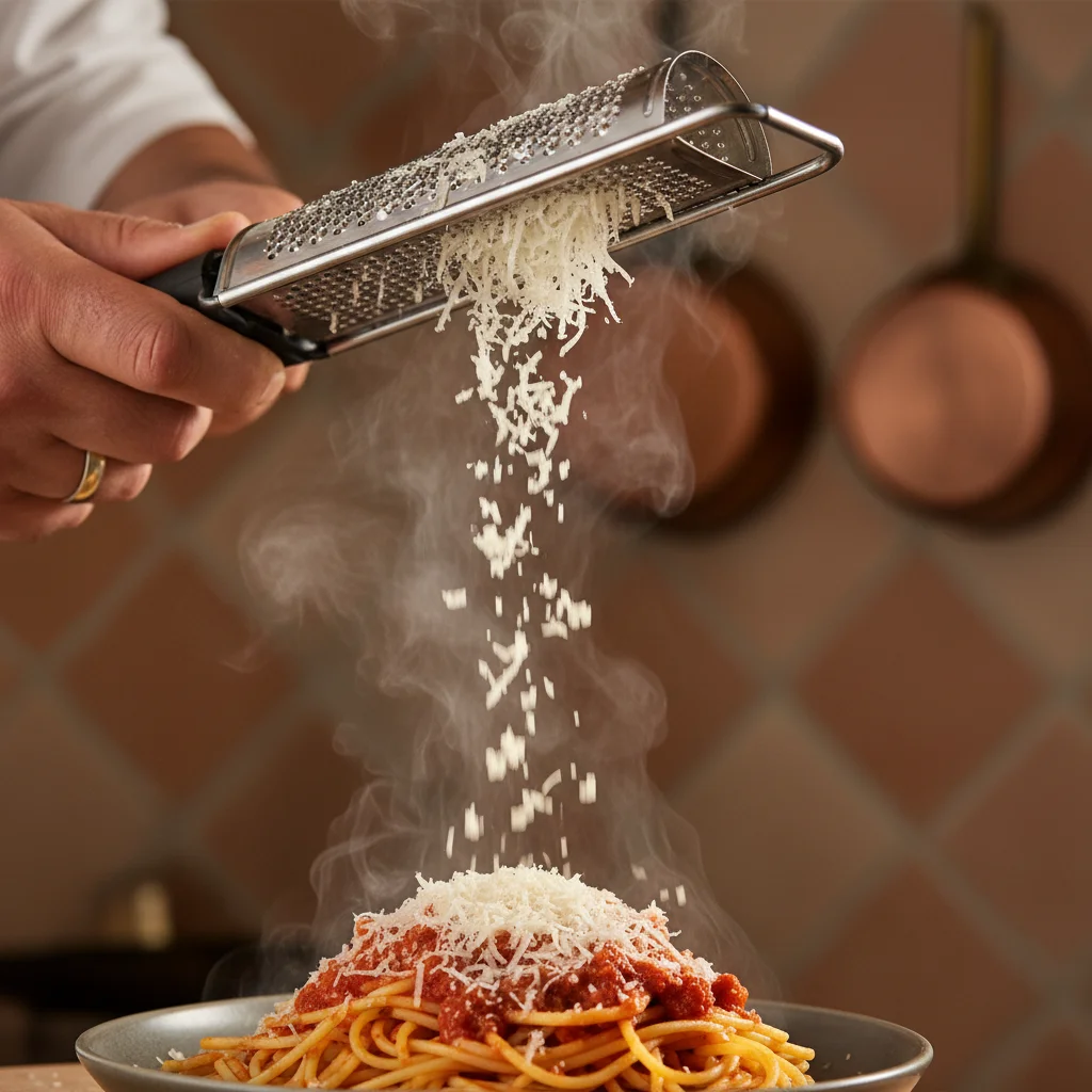 Chef grating fresh Parmesan cheese over pasta for umami flavor.