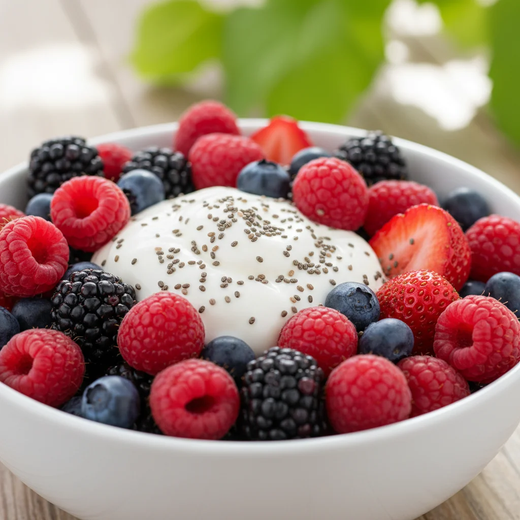 Bowl of Greek yogurt with mixed berries and chia seeds, a delicious healthy snack.