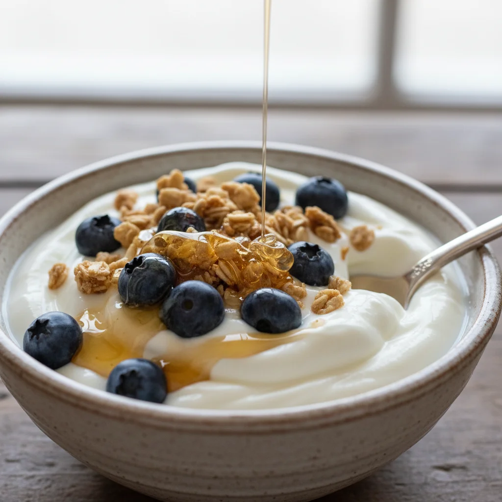 Creamy Greek yogurt with blueberries and granola, a healthy protein snack