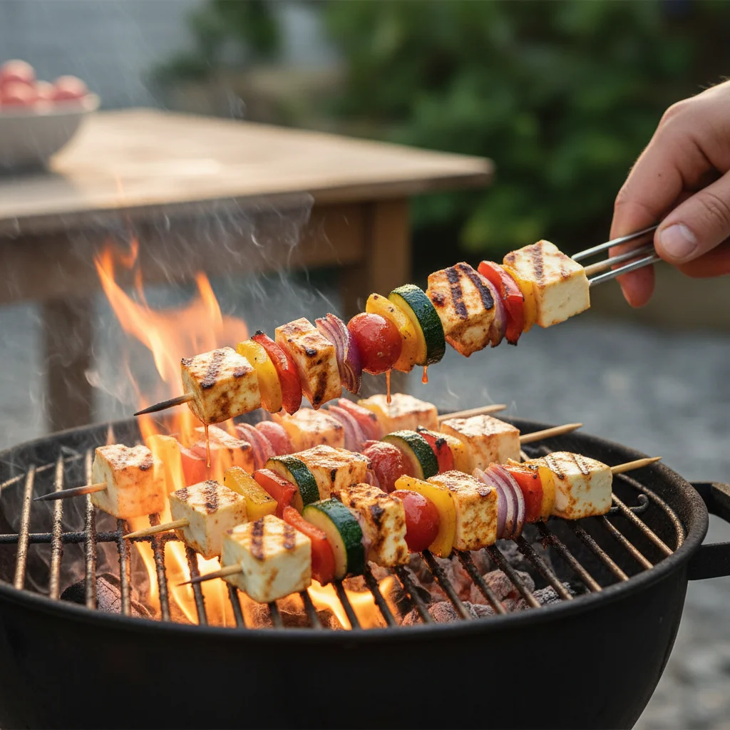 Grilled halloumi and vegetable skewers with perfect char marks, a healthy and quick grilling option.
