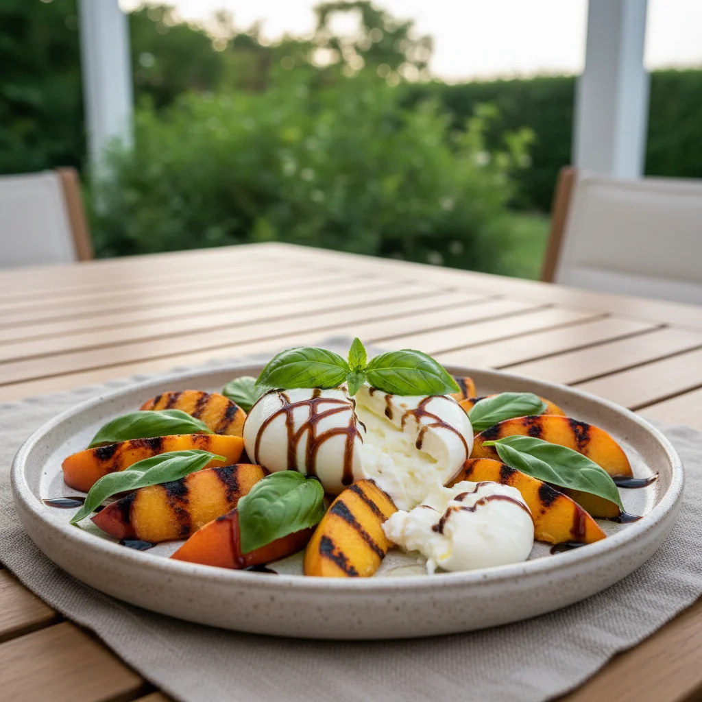 Elegant grilled peach and burrata salad with basil and balsamic glaze, a refreshing summer side.