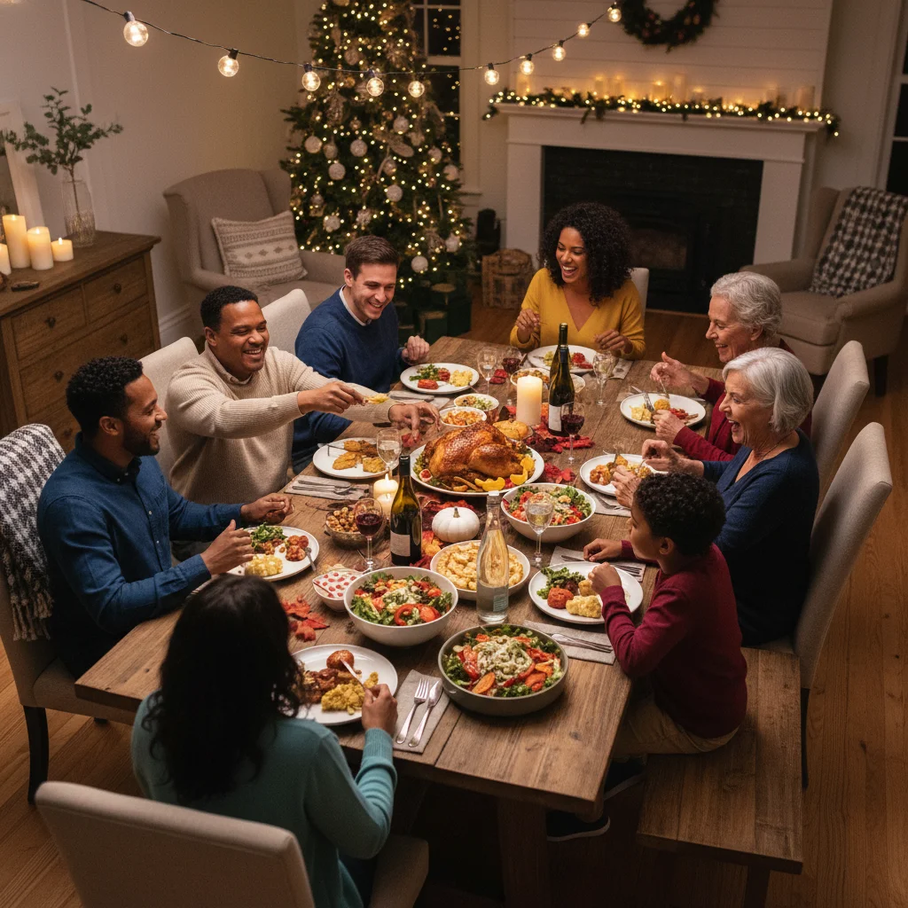 Joyful family and friends sharing a delicious holiday meal, laughing and celebrating together.
