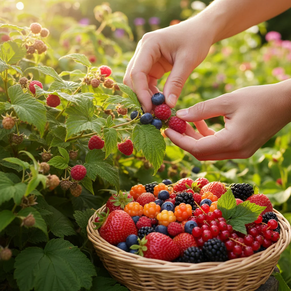 Hands harvesting fresh ripe seasonal berries from a garden