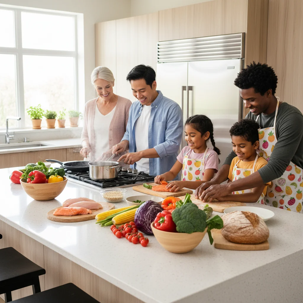 Family cooking healthy meal with fresh ingredients