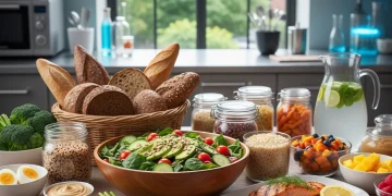 Colorful array of fresh fruits, vegetables, whole grains, and lean proteins representing balanced nutrition