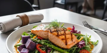 Grilled salmon salad on a white plate in a modern restaurant setting