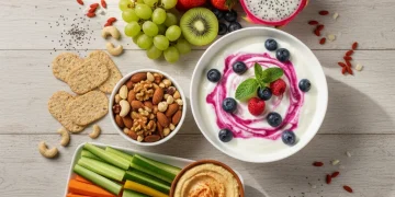 Assortment of fresh and healthy snack alternatives on a wooden table, including fruits, nuts, and vegetables.