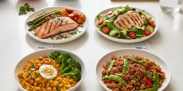 Four healthy weeknight dinners, artfully arranged on a kitchen counter, showcasing colorful vegetables, lean protein, and whole grains, all under 500 calories.