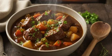 Hearty beef stew in a rustic bowl, perfect for winter warmth.