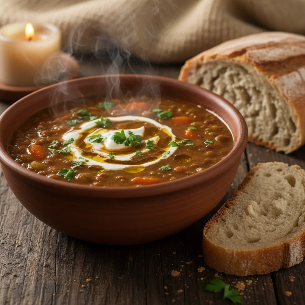 Hearty lentil soup with crusty bread, a comforting and affordable meal.