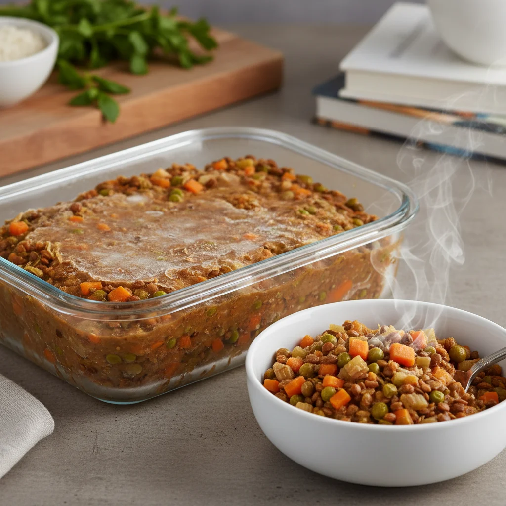 Hearty Lentil and Vegetable Stew, frozen and ready to eat, in a clear container.