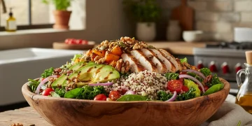 Large wooden bowl filled with a hearty weeknight salad featuring grilled chicken, quinoa, and fresh vegetables.