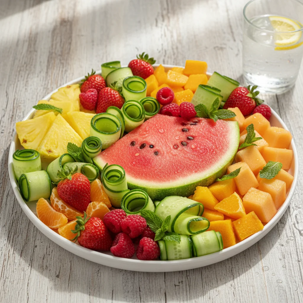 High water content fruits and vegetables on a platter
