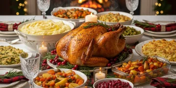 Festive holiday dinner table with roasted meat and various delicious side dishes.