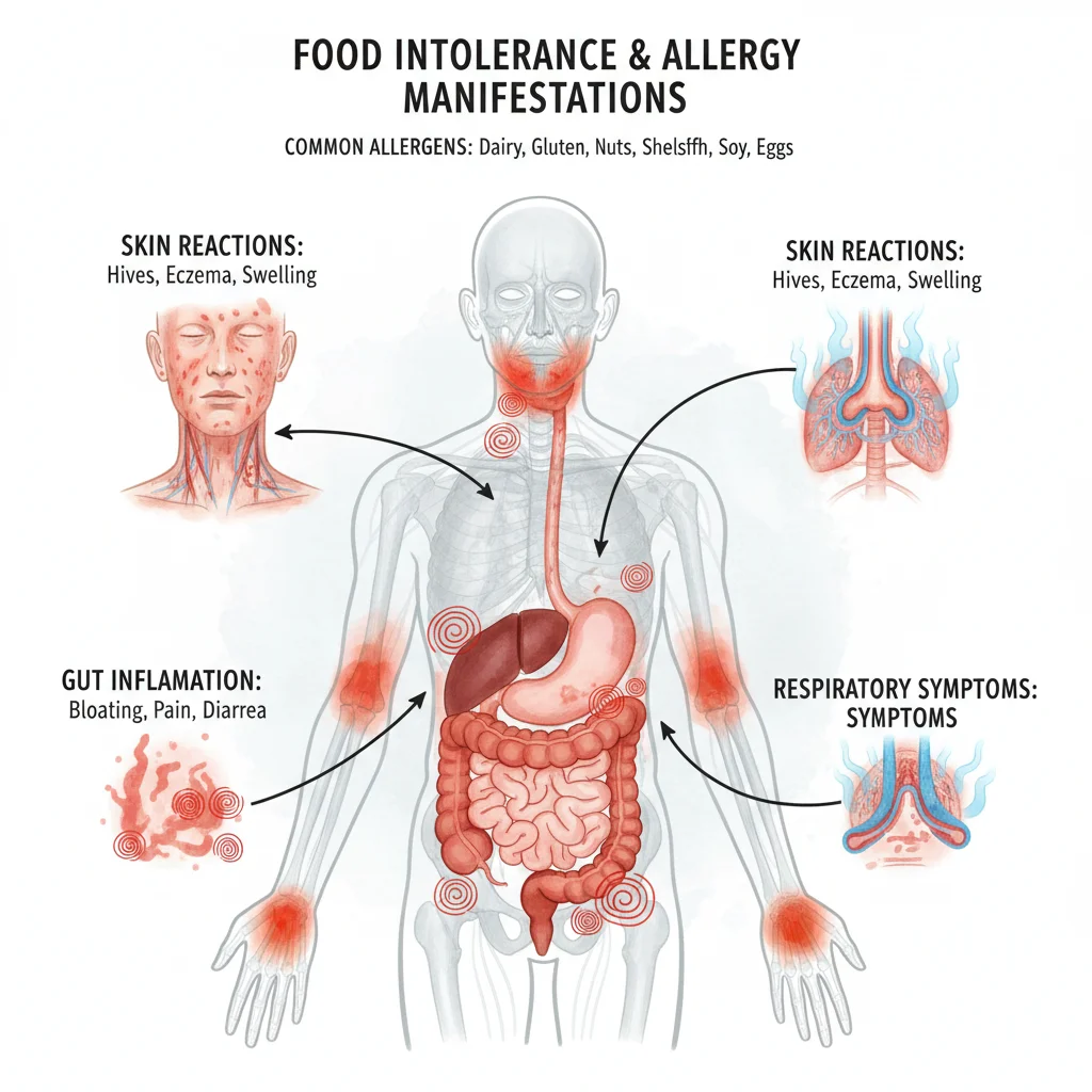 Diagram of human body showing food allergy and intolerance symptoms