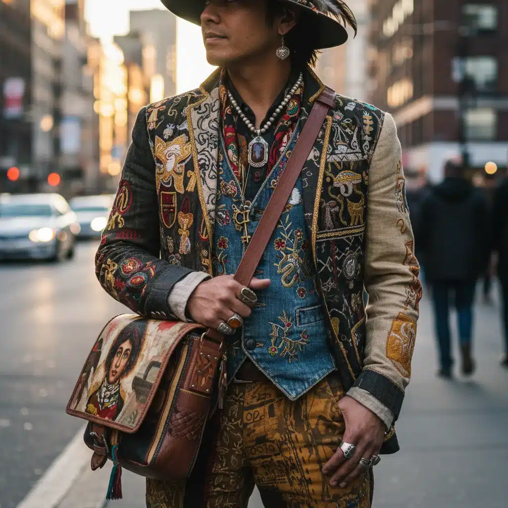 Close-up of hyper-personalized street style with custom embroidery and bespoke accessories, symbolizing individual expression.