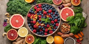 Colorful assortment of immune-boosting superfoods on a wooden table, emphasizing natural health.