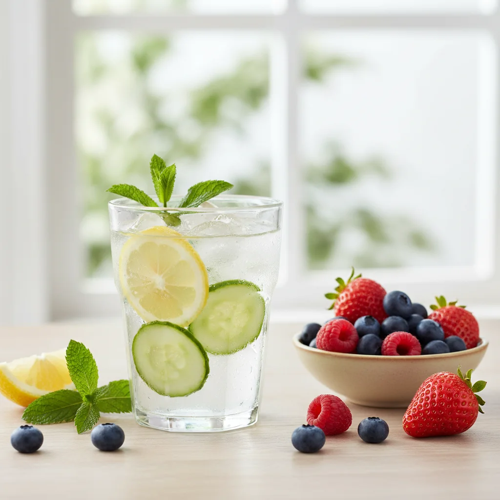 Glass of infused water with lemon, mint, and cucumber, alongside a bowl of fresh berries.