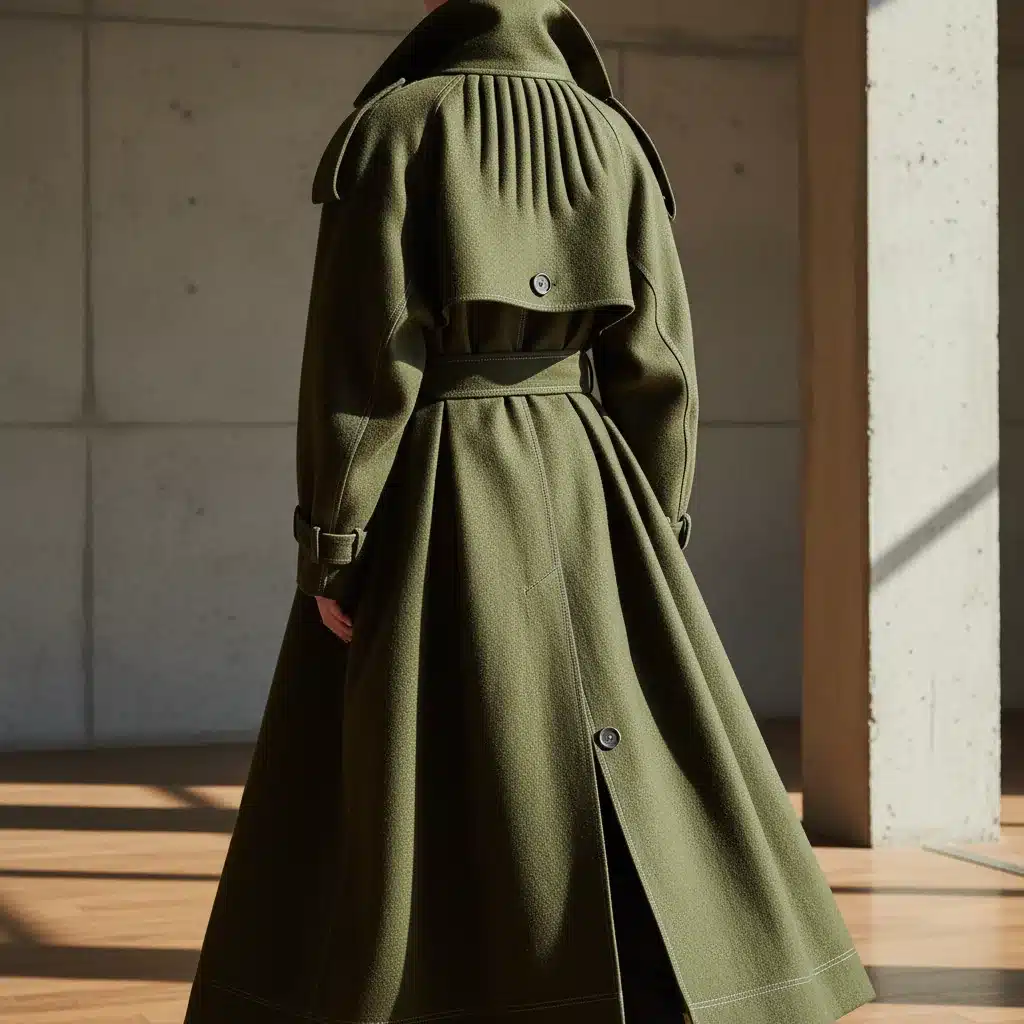 Detailed view of innovative long trench coat with exaggerated lapels, showcasing sustainable fabric.
