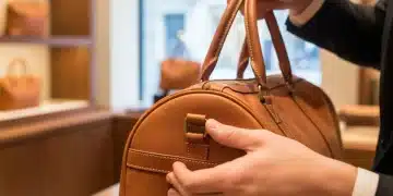 Person inspecting stitching on a durable leather bag for quality