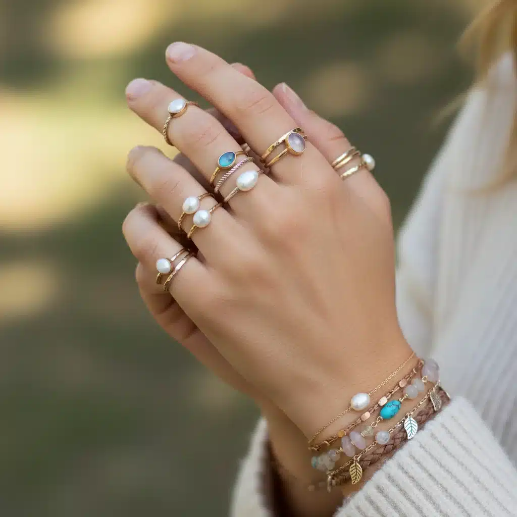 Hands with intentionally layered rings and bracelets, showcasing modern accessory trends.