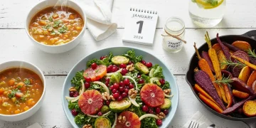 Assortment of fresh, light, and healthy seasonal dishes for a January detox.