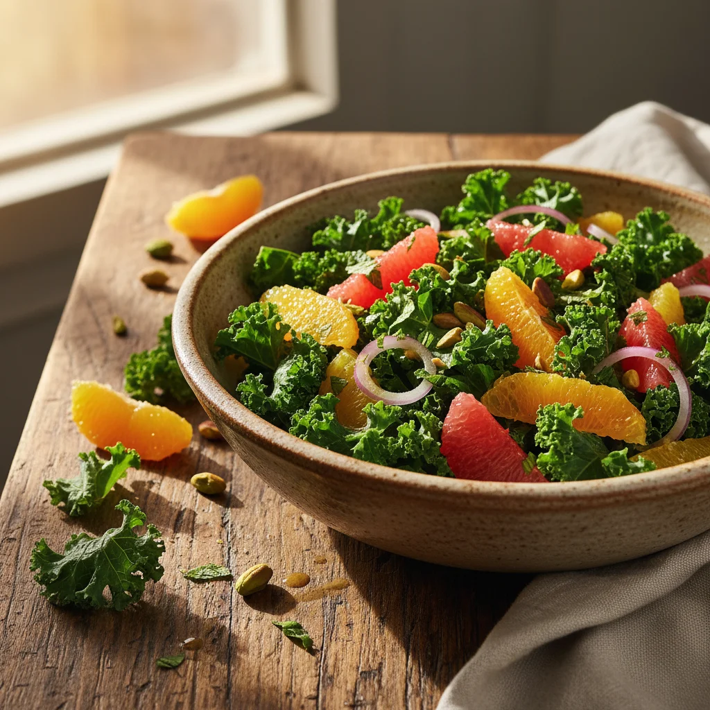 Colorful kale and citrus salad, a refreshing and healthy winter meal.