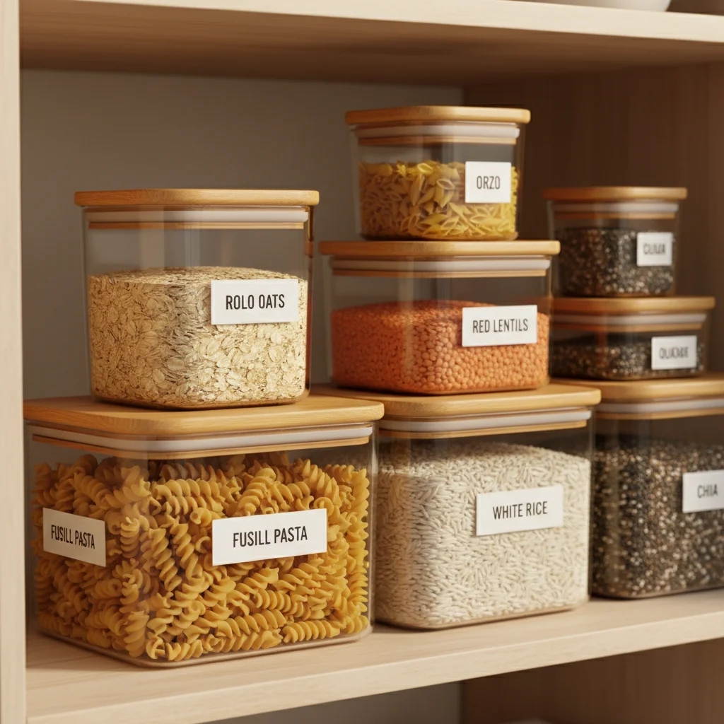 Clear labeled food storage containers in pantry