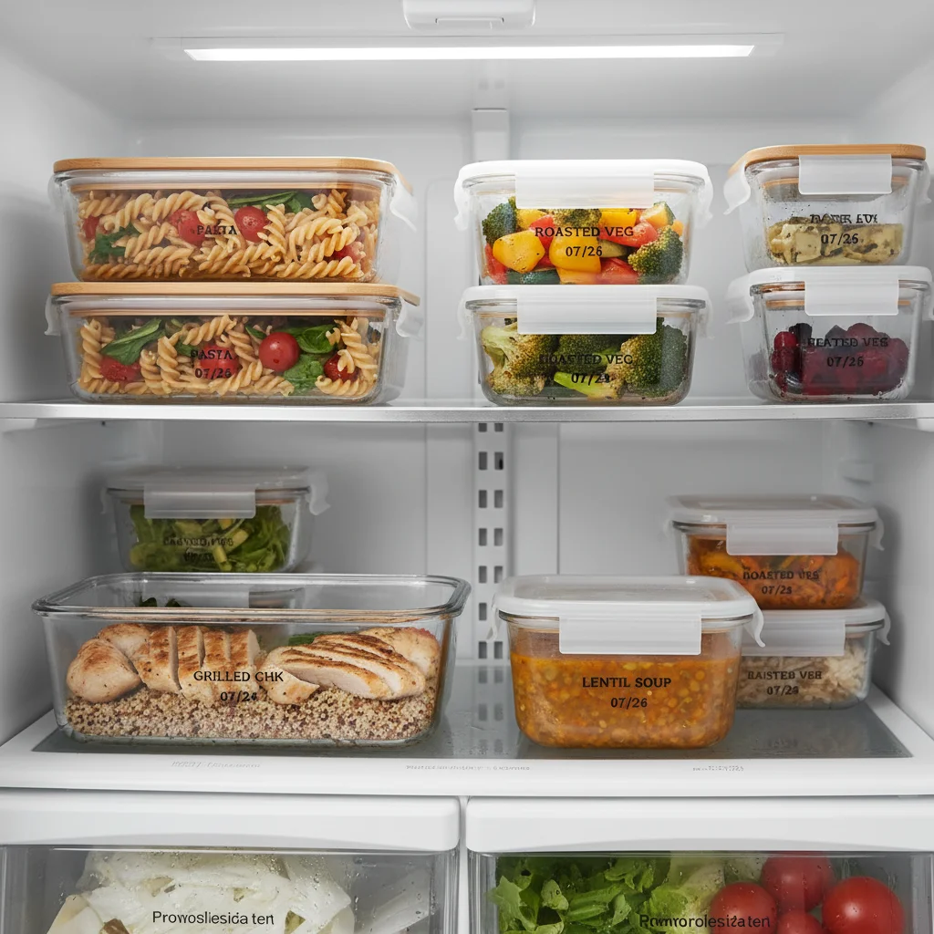 Labeled food storage containers in a refrigerator, showcasing proper leftover organization.