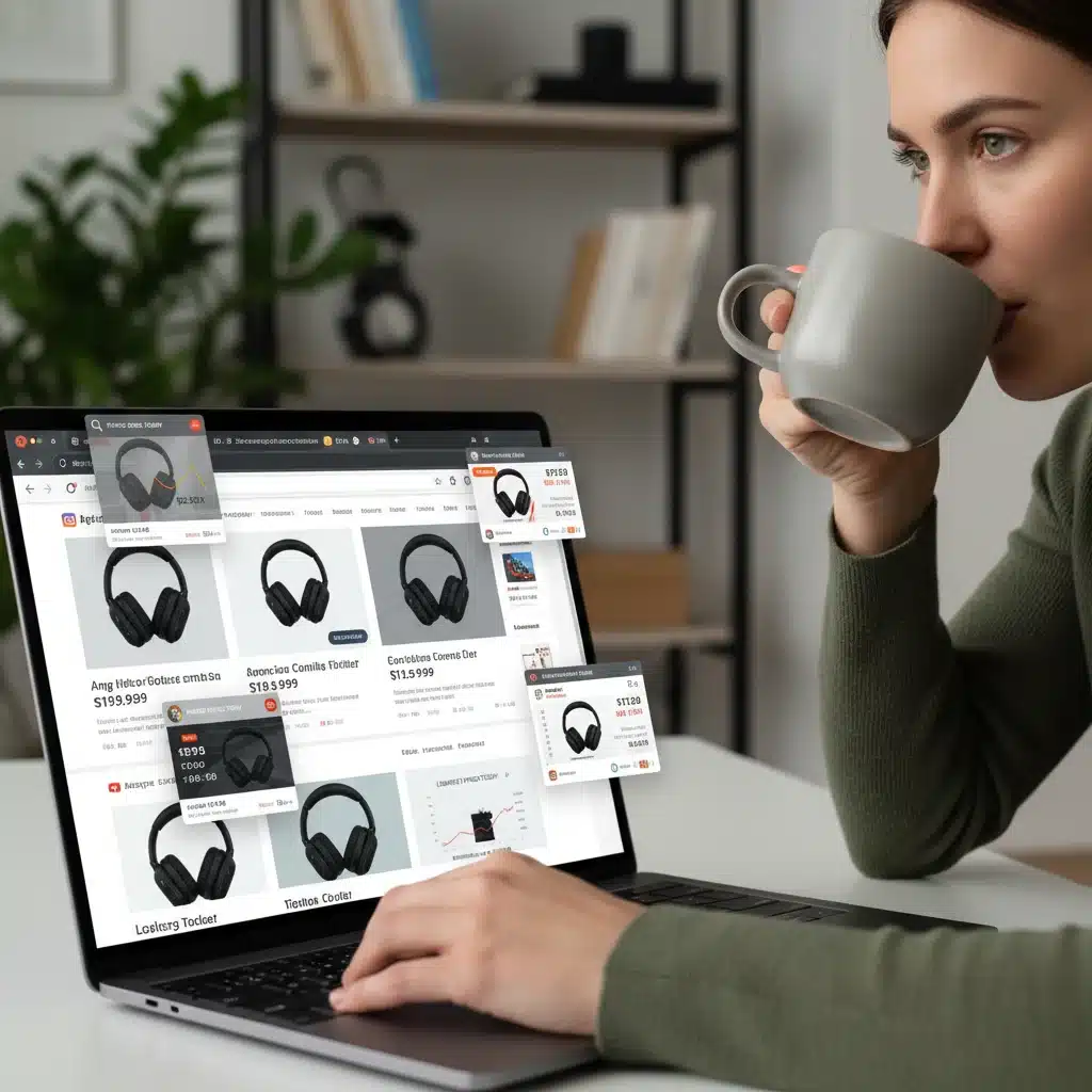 Person comparing prices on a laptop using browser extensions for price tracking.