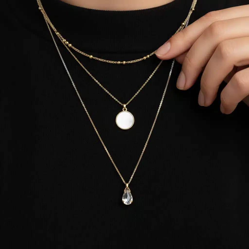 Hand layering delicate necklaces on a black top for subtle elegance